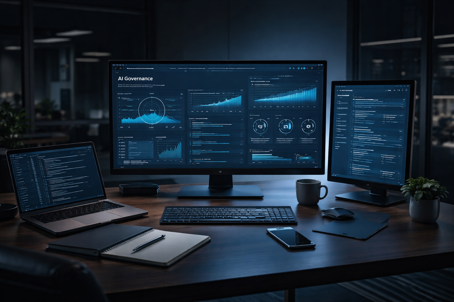 Executive AI governance desk scene with secure dashboards